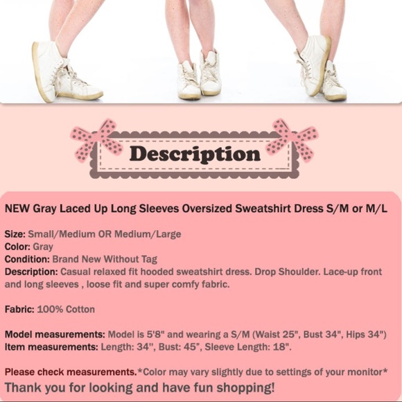 ☝️Gray Laced Up Hooded Long Tunic Sweatshirt Dress - Picture 7 of 7